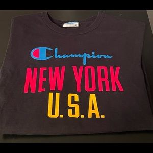 Vintage Champion New York USA Spellout Black Cotton Short Sleeve - Medium
